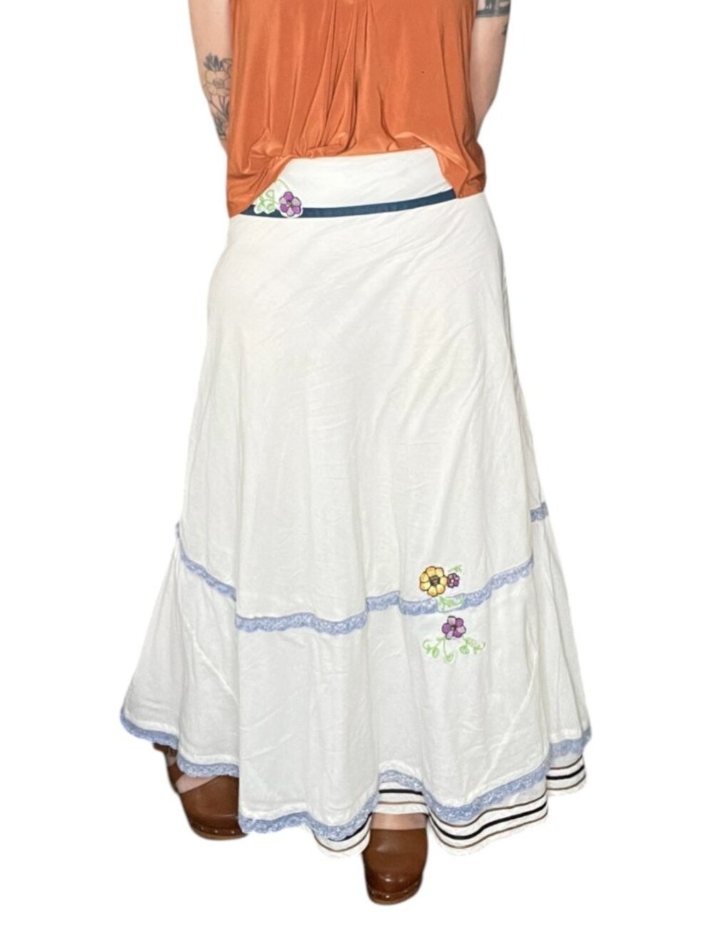 Rare Vintage Free People White Maxi Skirt Flowers Layered Lagenlook Boho 8